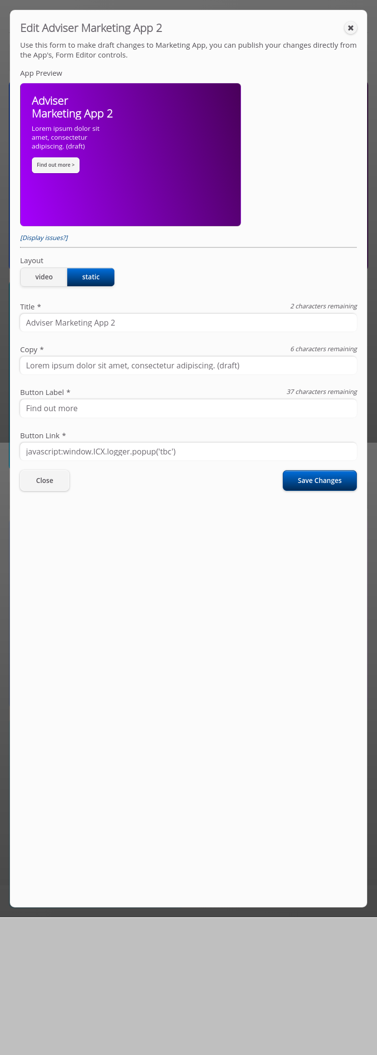 Role-Marketing > 01 Marketing Dashboard > Edit Marketing Apps